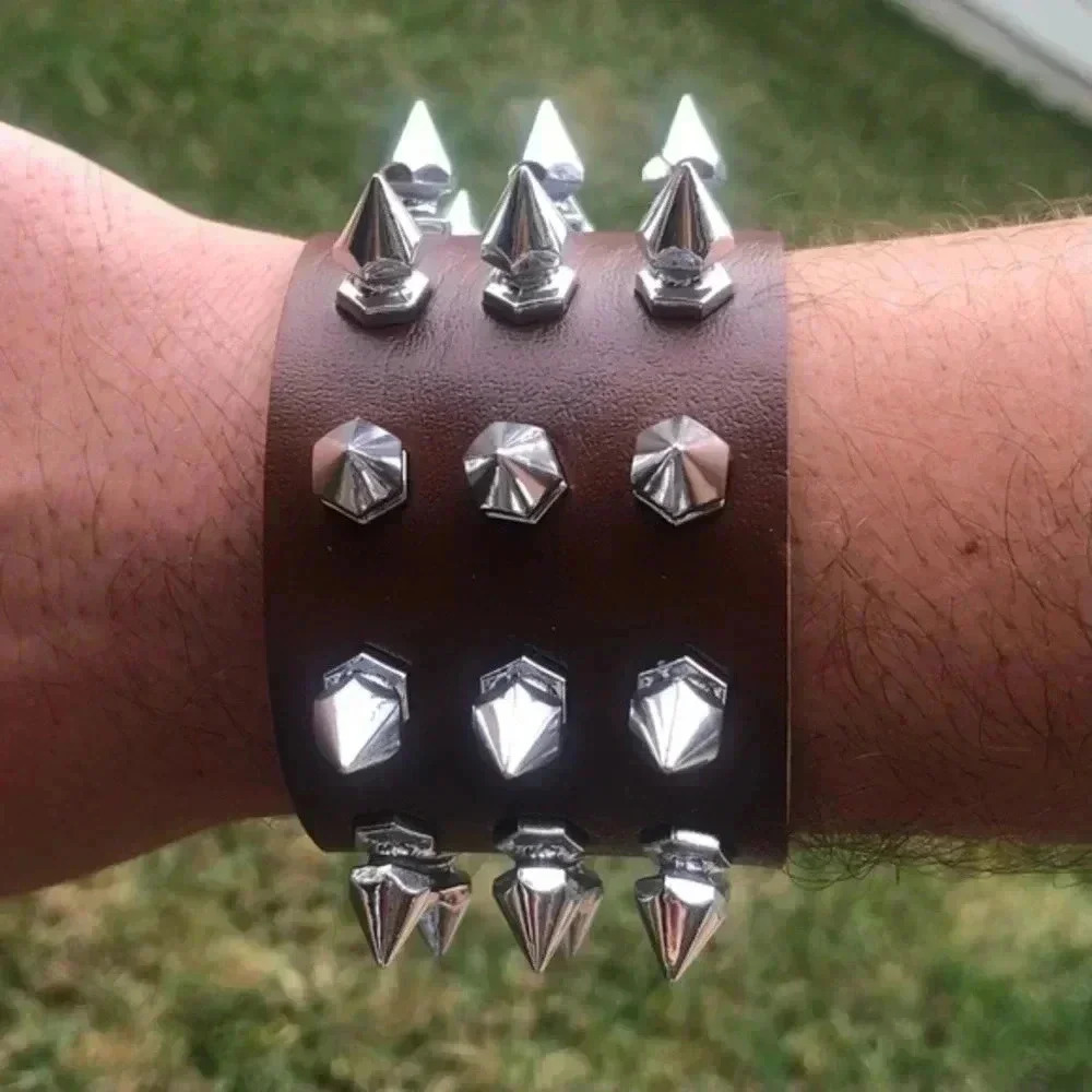 Brown Leather Punk Goth Rock Triple Spike Metal Stud Snap Cuff Bracelet NWT